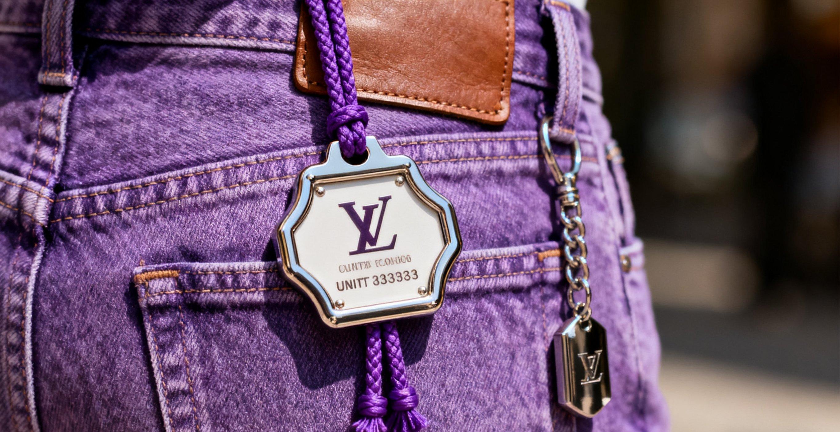 Purple jeans with tag displaying brand details
